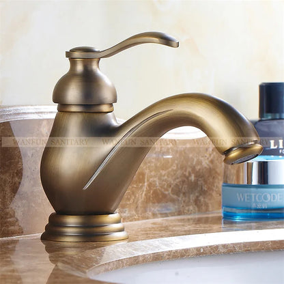 DecorBites™ Antique Brass Single Handle Deck Mount Bathroom Sink Faucet.
