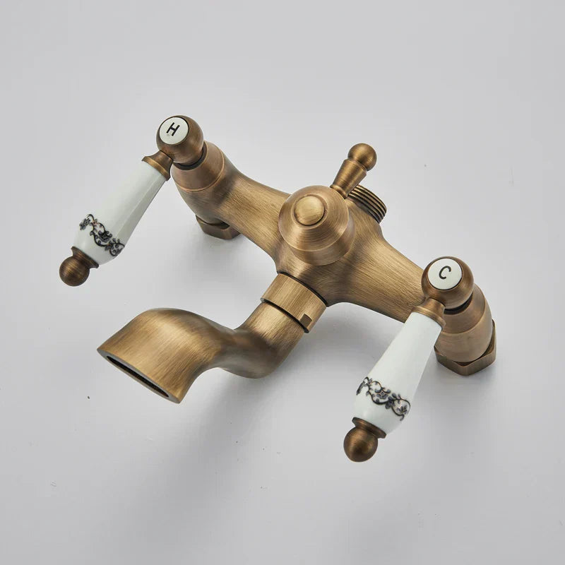 DecorBites™ Brass Antique Shower Faucet Set with Porcelain Ceramic Swivel Bath Spout