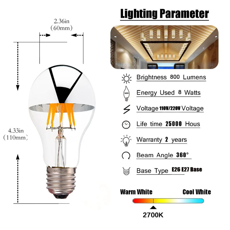 ™ LED Filament Bulb A19 Silver Bowl 8W 800lm Dimmable CRI 85 2700K 6000K Warm Cold