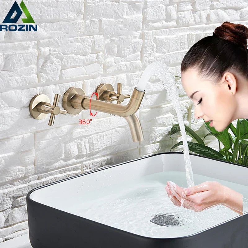 DecorBites™ Golden Dual Handle Wall Mounted Basin Faucet - Rotate Spout Sink Mixers