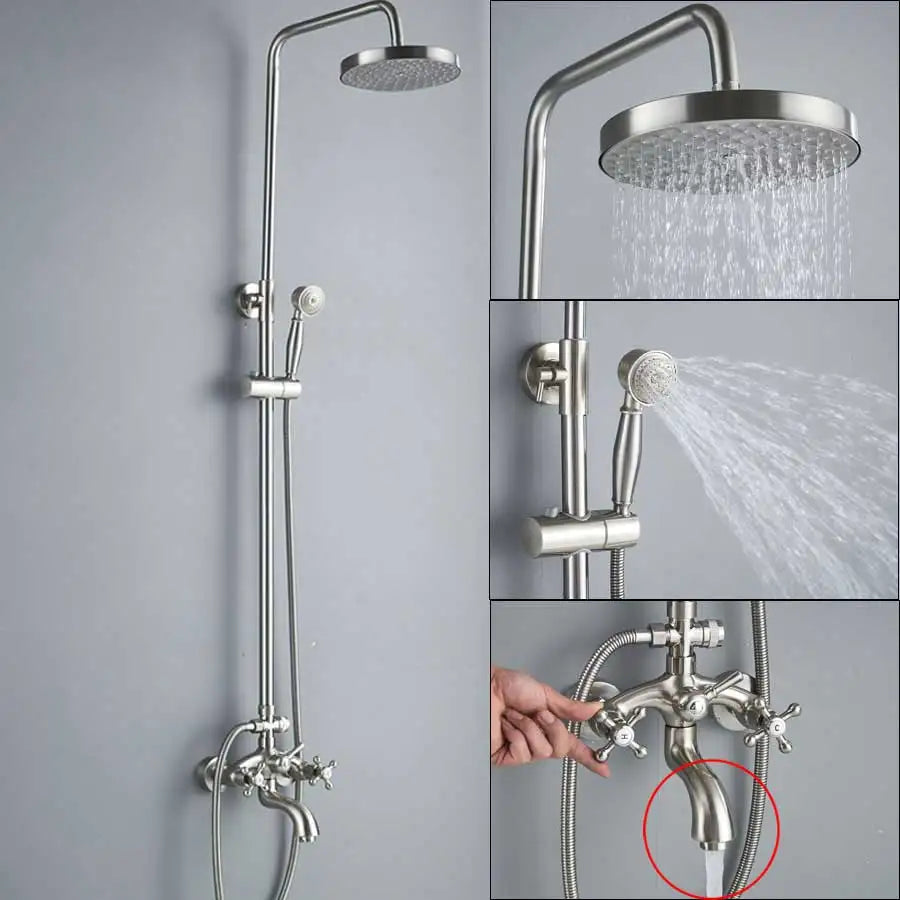 DecorBites™ Brushed Nickel Dual Handle Rainfall Shower Mixer Faucet with Handshower