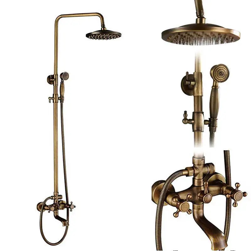 DecorBites™ Brass Antique Shower Faucet Set with Porcelain Ceramic Swivel Bath Spout