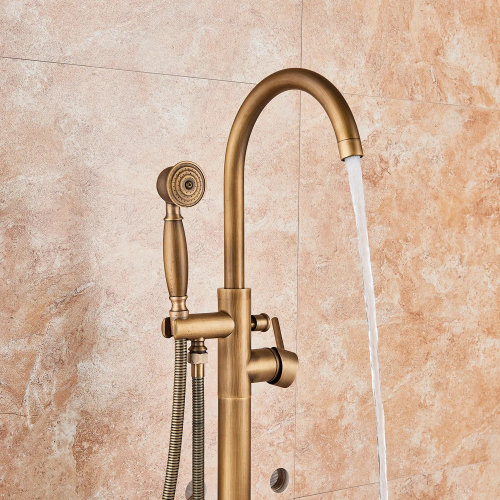 DecorBites™ Antique Brass Floor Mount Tub Faucet Swivel Spout Shower Mixer Tap
