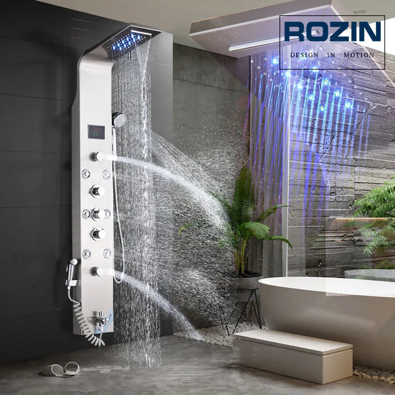 DecorBites™ Black LED Waterfall Rain Shower Panel with Massage Sprayer and Bidet Tap