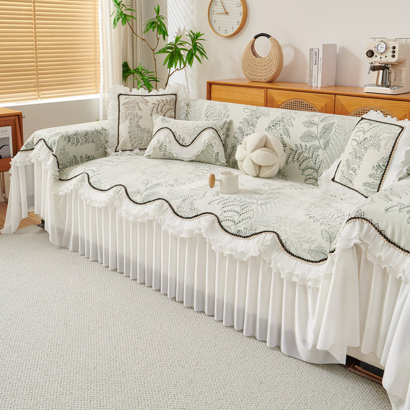 Farmhouse Ruffled Lace Sofa Slipcover Vintage Furniture Protector with Botanical Print, view 2