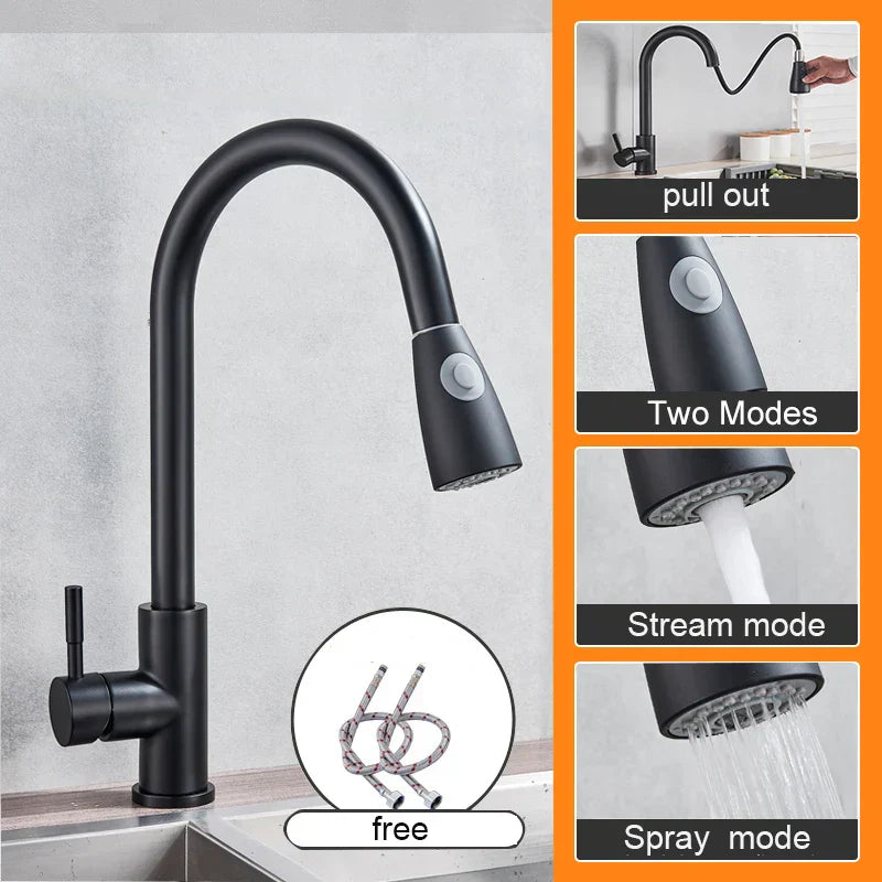 DecorBites™ Black Pull Out Kitchen Sink Faucet - Deck Mounted Stream Sprayer Kitchen Mixer Tap