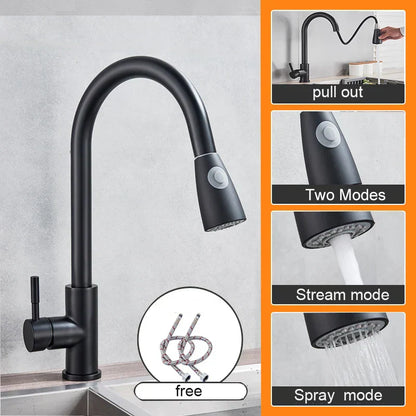 DecorBites™ Black Pull Out Kitchen Sink Faucet - Deck Mounted Stream Sprayer Kitchen Mixer Tap