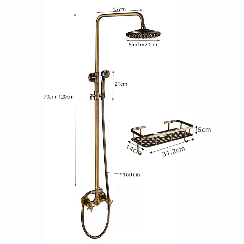 DecorBites™ Antique Brass Shower Faucet Set with 8'' Rainfall Head & Swivel Spray