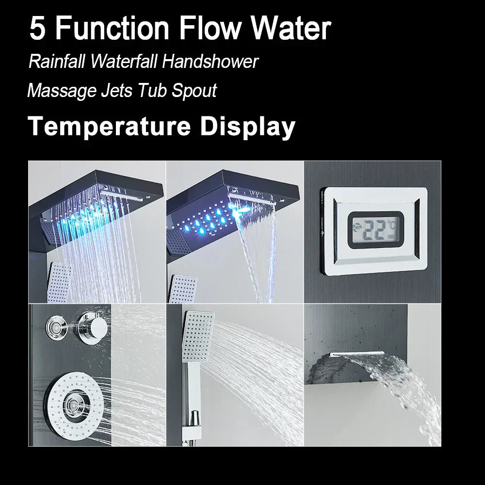 DecorBites™ Black LED Waterfall Rain Shower Panel Faucet Set with Massage Jets