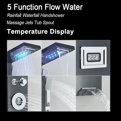 DecorBites™ Black LED Waterfall Rain Shower Panel Faucet Set with Massage Jets