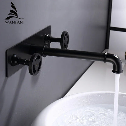 DecorBites™ Black Wall Mounted Dual Handle Basin Faucet Industrial Style Mixer Tap