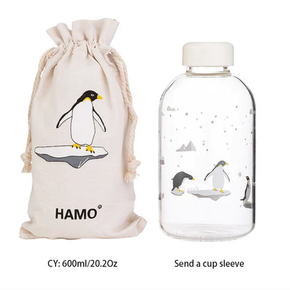 DecorBites™ Blue Glass Water Bottle 600ml Cute Polar Bear Seal Design Waterbottle
