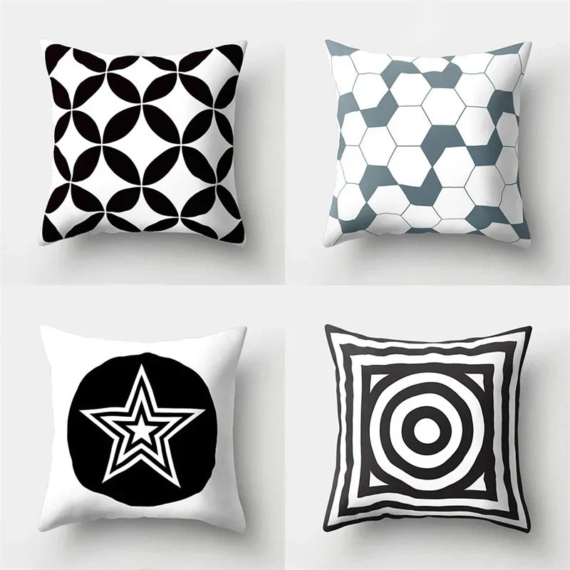 DecorBites™ Geometric Star Print Pillow Cover for Home Decor - Black & White Square Texture