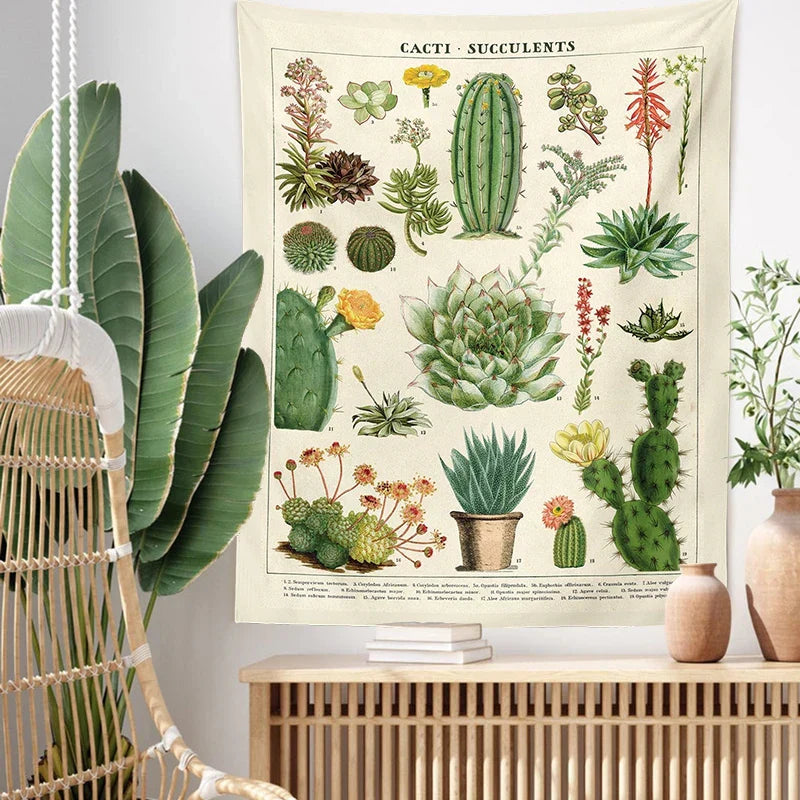 DecorBites™ Cactus Tapestry Wall Hanging: Retro Succulents Mushroom Chart Hippie Boho Decor