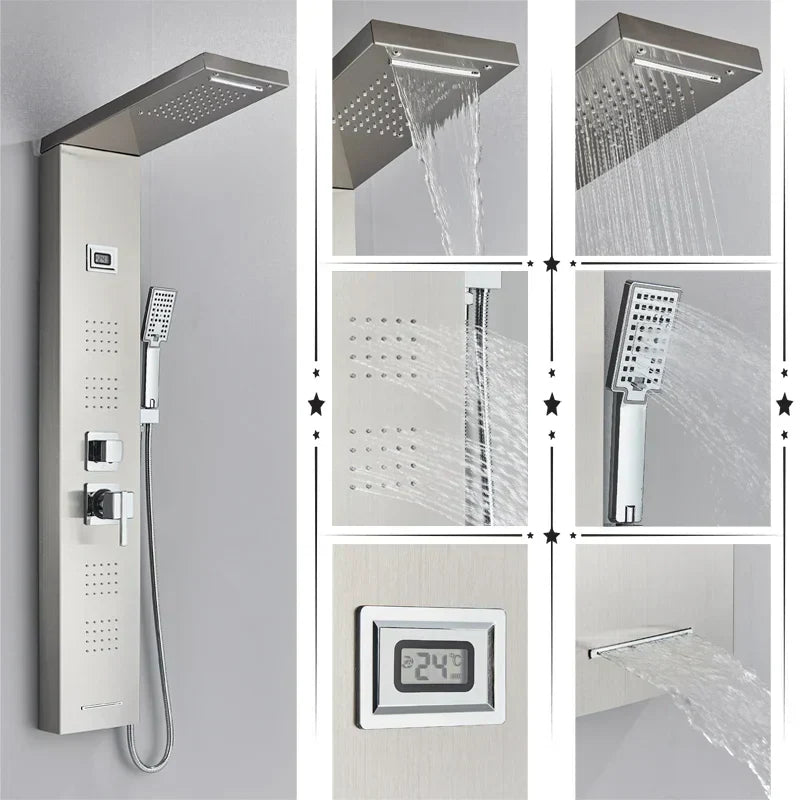 DecorBites™ Black Rainfall Shower Panel Set with Massage System and Temperature Screen