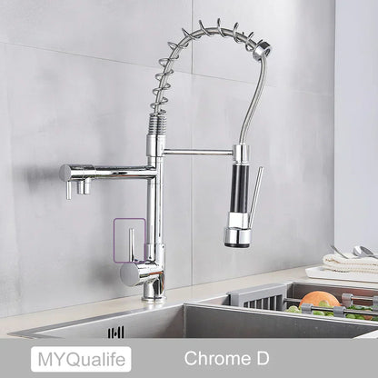 DecorBites™ Dual Spout Kitchen Sink Faucet - Matte Black Finish, Deck Mount Spring Mixer
