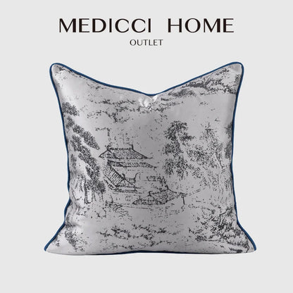 DecorBites™ Asian Landscape Painting Jacquard Square Pillow Cover 45x45cm