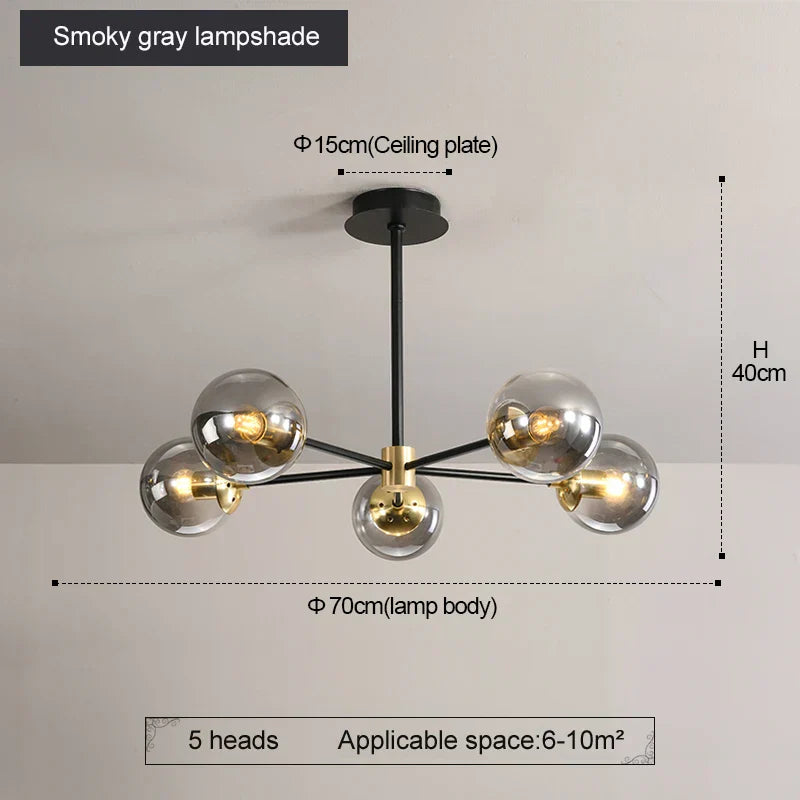 DecorBites™ Glass Ball LED Chandelier: Retro Round Wrought Iron Indoor Lighting for Kitchen, Living Room, Farmhouse