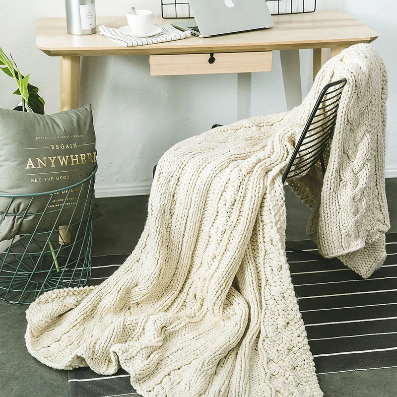 DecorBites™ Beige Chunky Knit Tassel Blanket - Soft Plaid Weighted Throw for Home Decor and Sofa - Industrial Style Tapestry