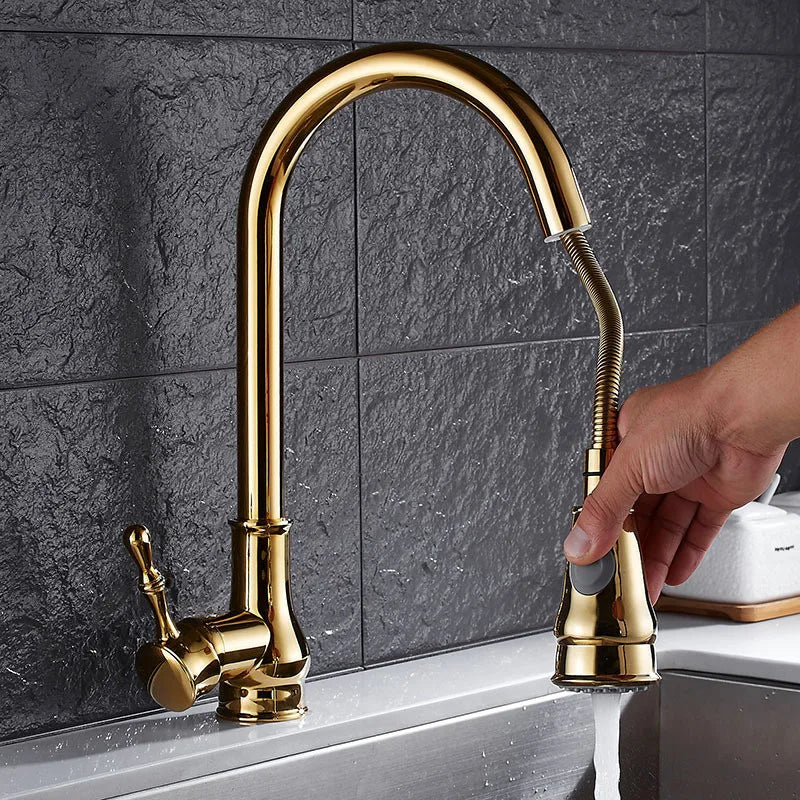 ™ Gold Kitchen Faucet Pull Out Swivel Water Mixer Tap Single Handle Sink