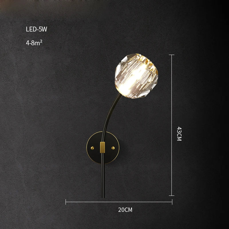 DecorBites™ Black Gold Copper Crystal LED Wall Sconce Light for Bedroom Corridor