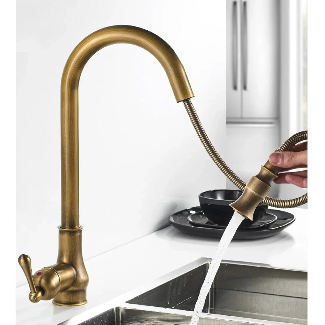 DecorBites™ Antique Brass Kitchen Sink Faucet with Pull Down Swivel Spout