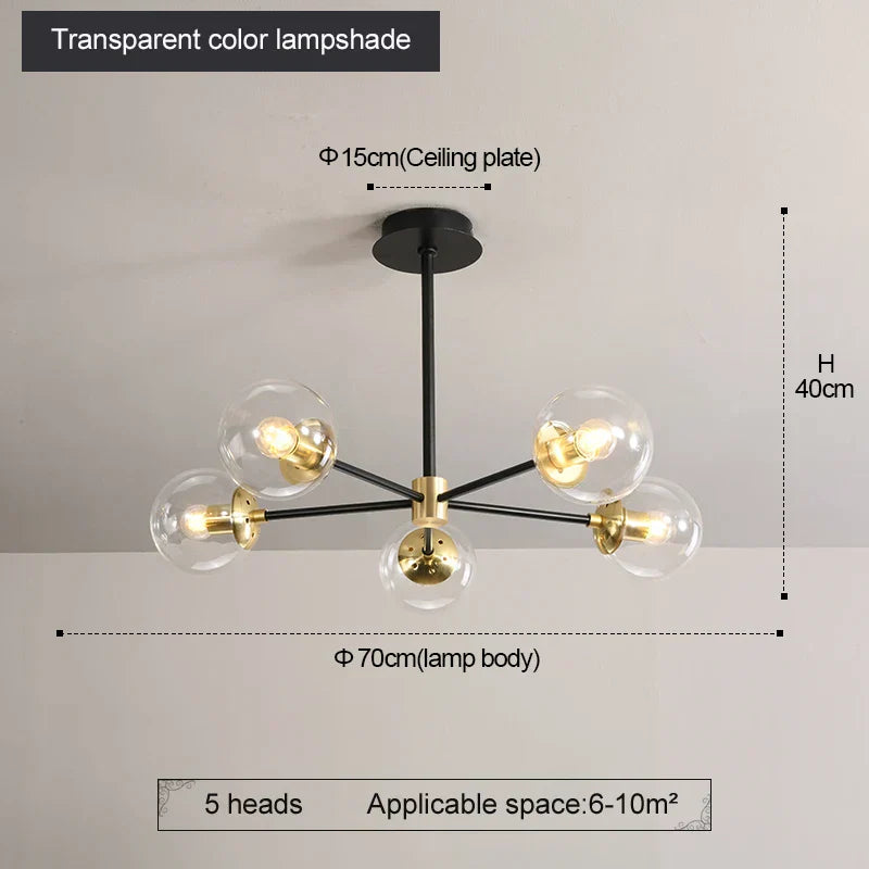 DecorBites™ Glass Ball LED Chandelier: Retro Round Wrought Iron Indoor Lighting for Kitchen, Living Room, Farmhouse
