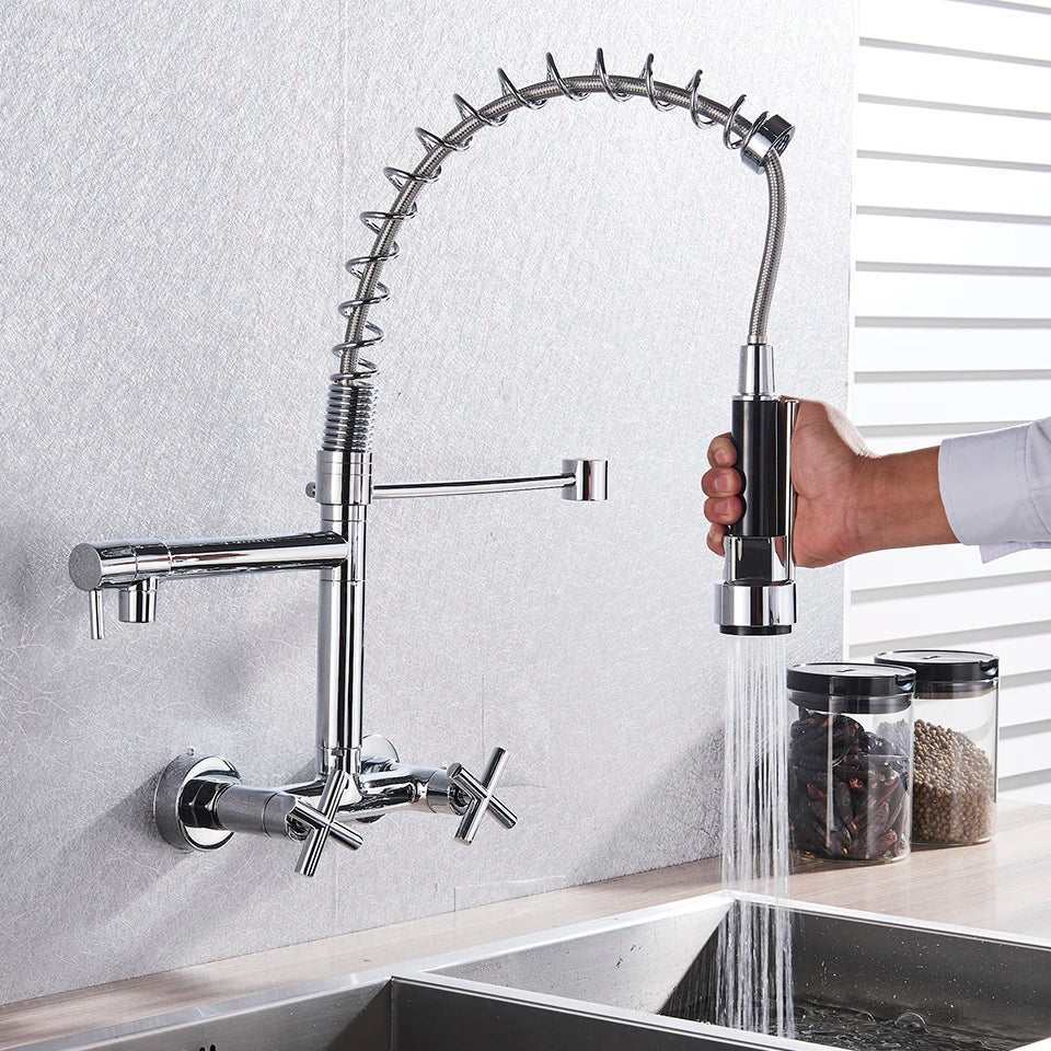 DecorBites™ Black Kitchen Faucet Wall Mounted Dual Swivel Spouts Vessel Sink Mixer Tap