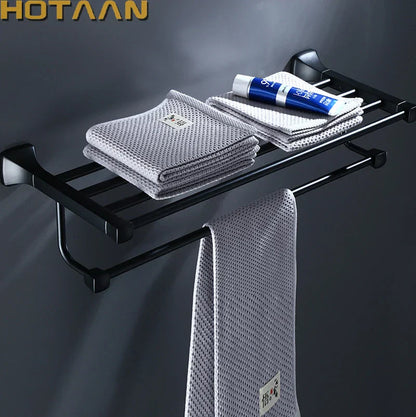 DecorBites™ Black Aluminum Towel Rack with Hook, Wall-mounted Bathroom Towel Holder and Shelf