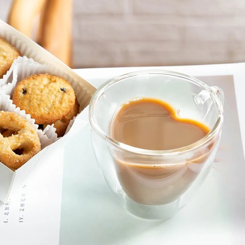 ™ Heart-Shaped Double Glass Mug | Romantic Couple Cups for Tea, Coffee