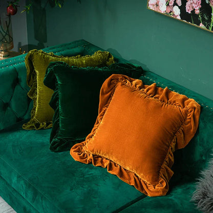 DecorBites™ Luxe Orange Velvet Ruffled Euro Pillow Sham - French Style Elegance