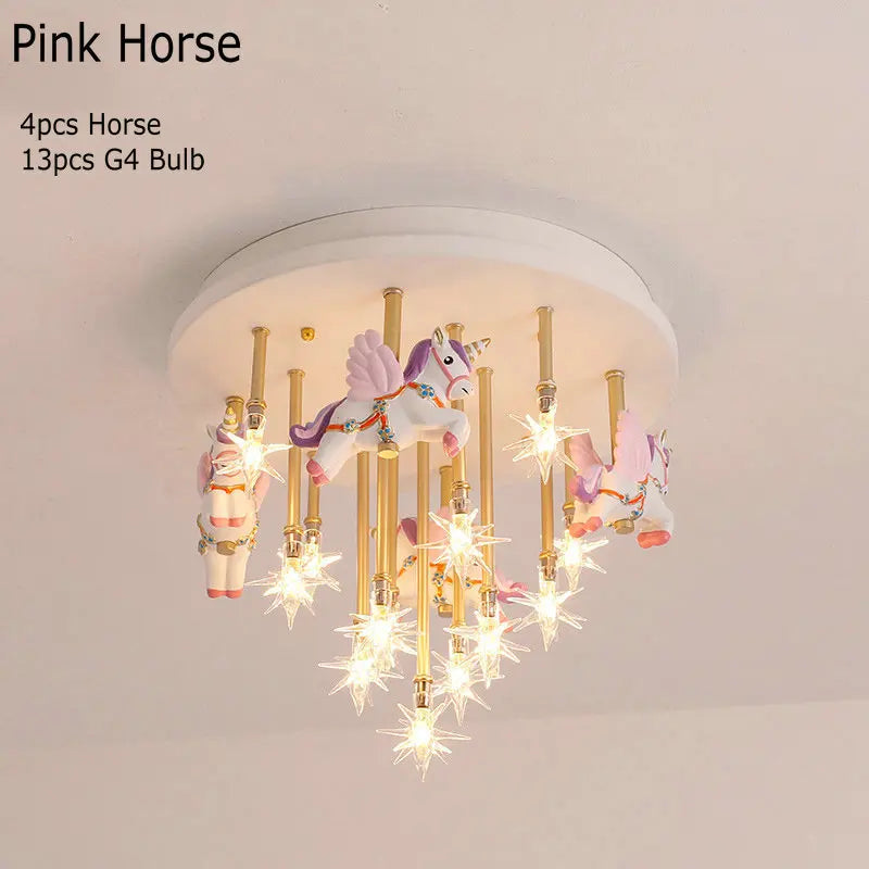 DecorBites™ Kids Resin Horse Paper Crane Ceiling Light - Blue Pink LED Bedroom Lamp