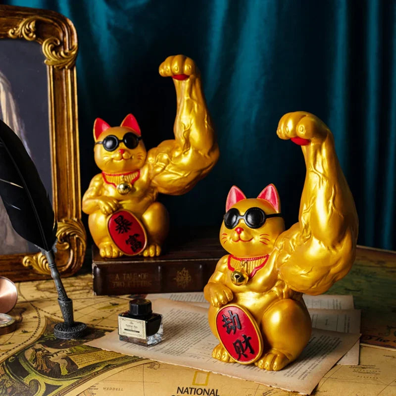 DecorBites™ Lucky Cat Figurine: Creative Muscle Arm Feng Shui Animal Decor for Home, Office, Shop