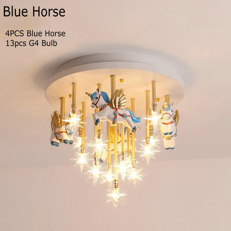 DecorBites™ Kids Resin Horse Paper Crane Ceiling Light - Blue Pink LED Bedroom Lamp
