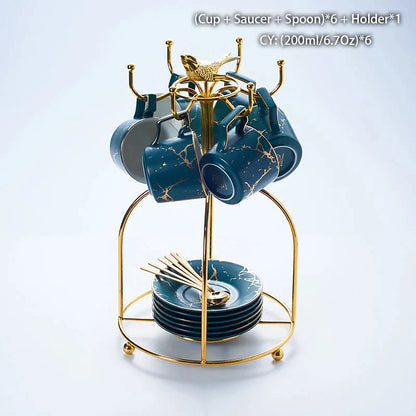 DecorBites™ 200ml Marble Ceramic Tea Set with Spoon and Saucer