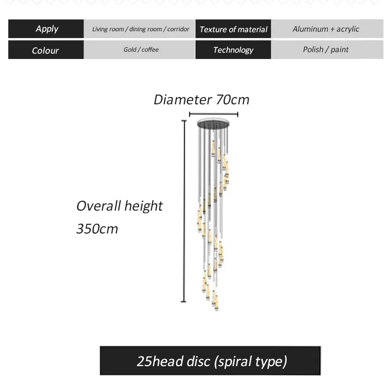 DecorBites™ LED Spiral Chandelier for Home, Black Chrome Gold Stairwell Lighting
