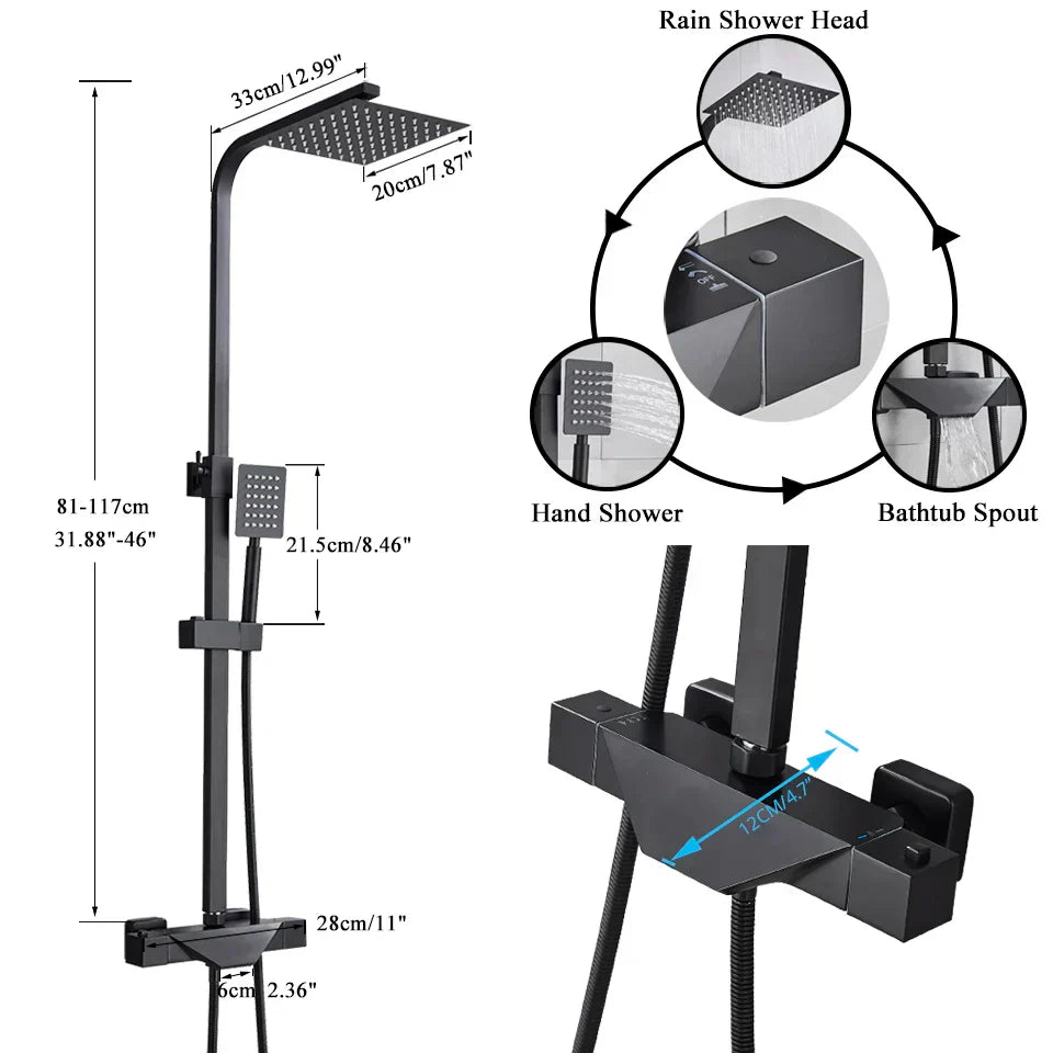 DecorBites™ Black Thermostatic Rain Shower Faucet Set for Wall Mounted Bathrooms