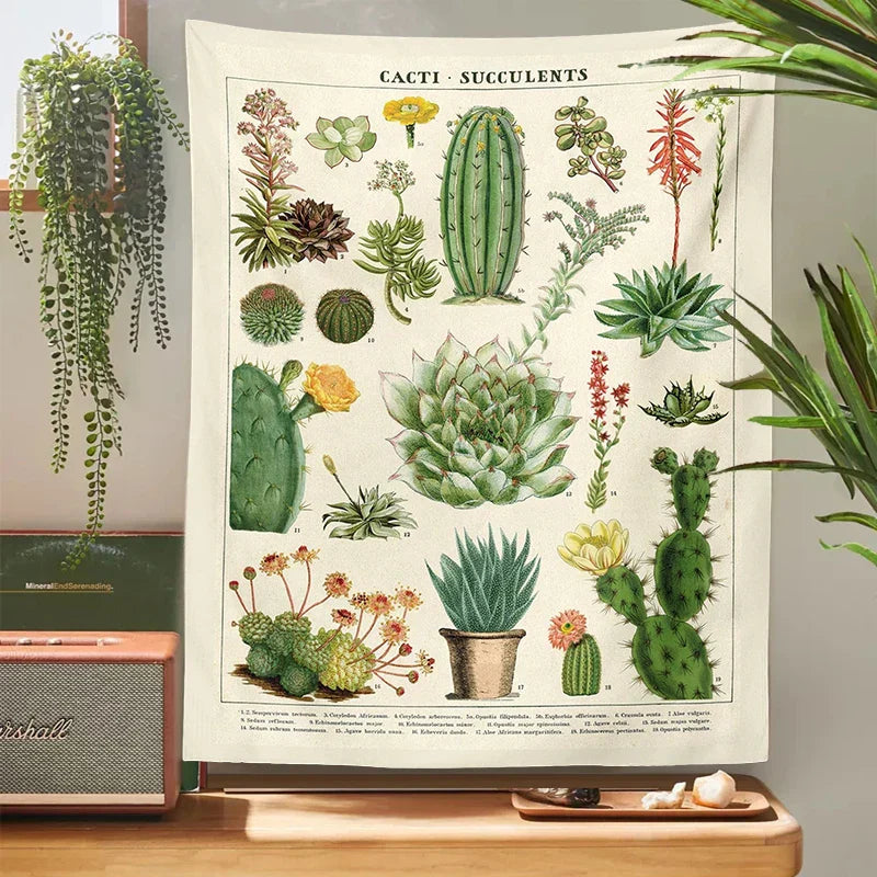 DecorBites™ Cactus Tapestry Wall Hanging: Retro Succulents Mushroom Chart Hippie Boho Decor