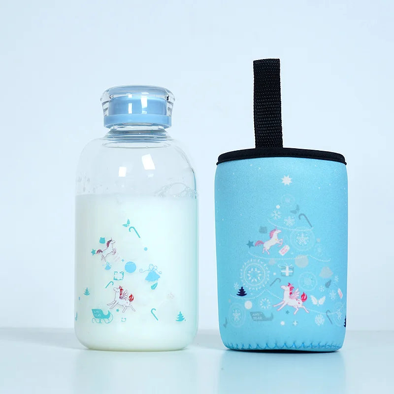 DecorBites™ Blue Glass Water Bottle 600ml Cute Polar Bear Seal Design Waterbottle