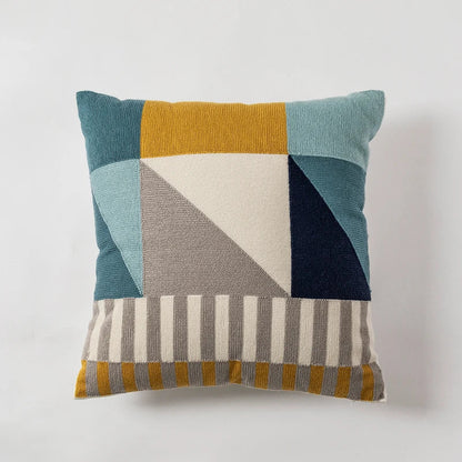 DecorBites™ Geometric Embroidery Cushion Cover Set - Blue Coffee Yellow Grey Abstract Square