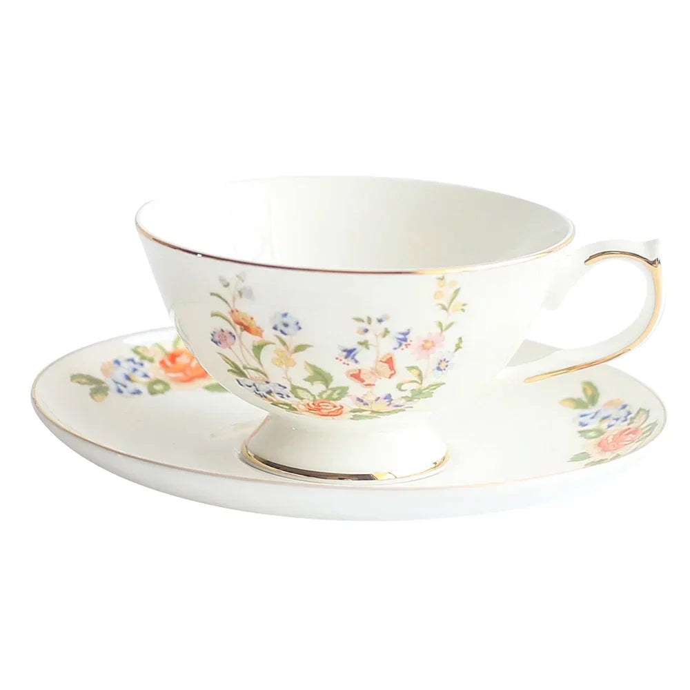 DecorBites™ Bone China Tea Cup Set, Flowers Teacup & Snack Dish for Office Drinkware