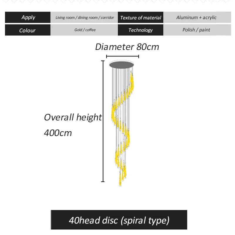 DecorBites™ LED Spiral Chandelier Black Chrome Gold Pendant Light Modern Stairwell Lighting