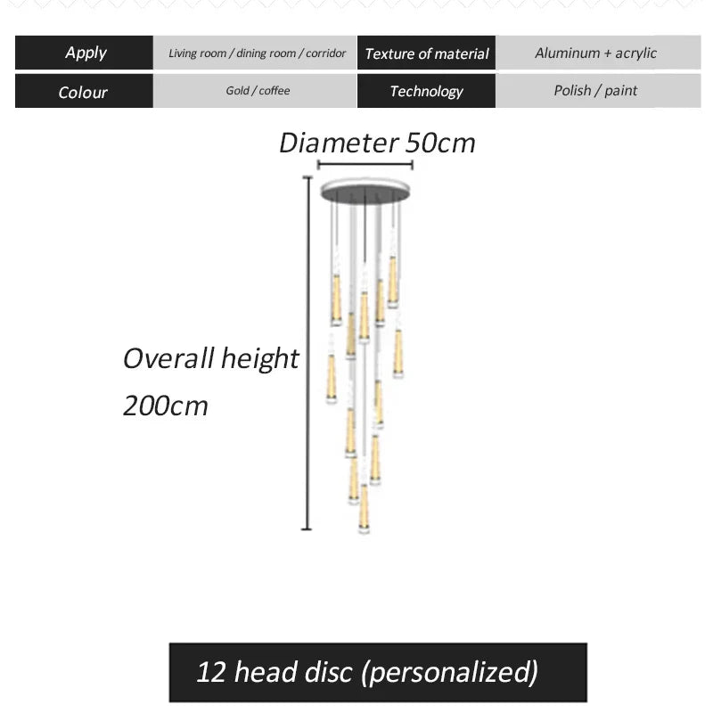 DecorBites™ LED Spiral Chandelier Black Chrome Gold Pendant Light Modern Stairwell Lighting