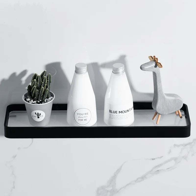 DecorBites™ Black Glass Bathroom Shelf Corner Rack, Aluminum Cosmetic Shelf for Shower Room