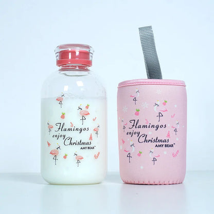 DecorBites™ Animal Glass Water Bottle with Sleeve | Cute Kawaii Design for Outdoor Activities