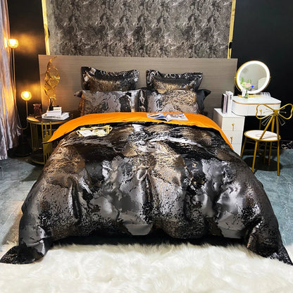DecorBites™ Black Gold Jacquard Egyptian Cotton Bedding Set, Satin Duvet Cover, Fitted Sheet Pillowcases