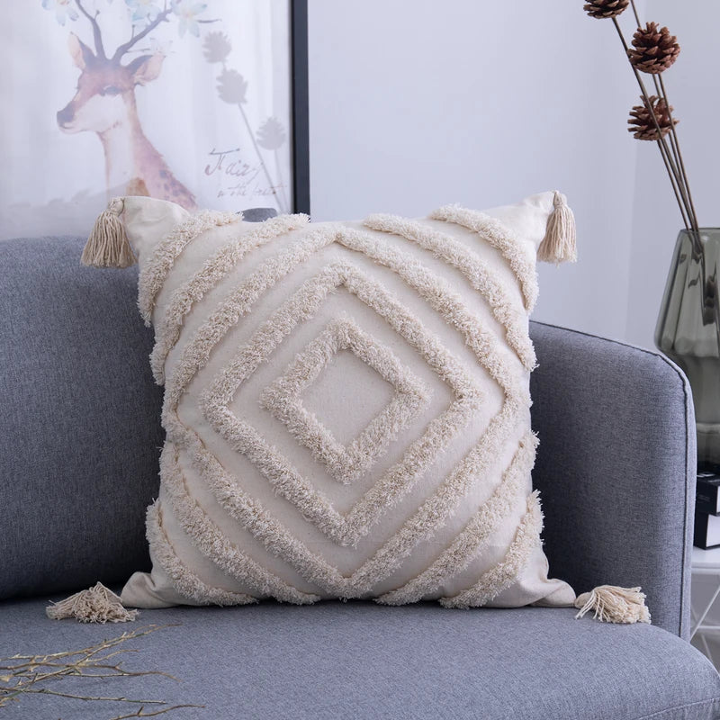 DecorBites™ Beige Tassels Cushion Cover, Handmade Square Home Decoration for Living Room