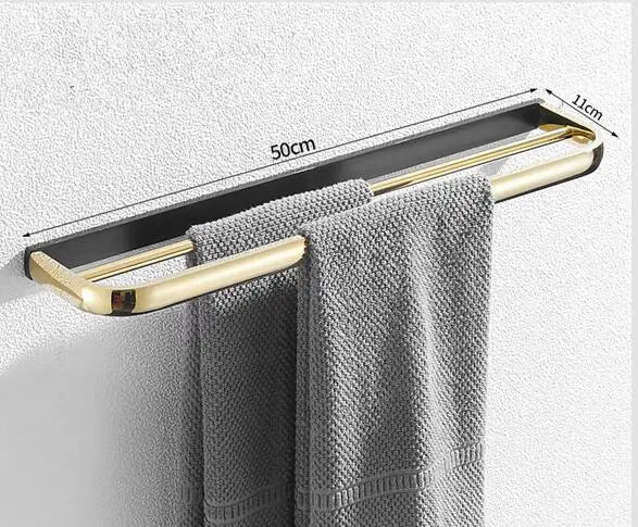 ™ Gold & Black Bathroom Hardware Set: Shelf, Towel Rack, Paper Holder, Brush Holder