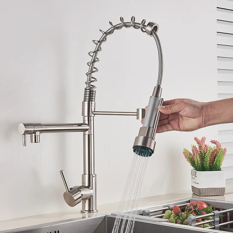 DecorBites™ Brass Kitchen Faucet Spring Swivel Spout Hot Cold Water Mixer Taps