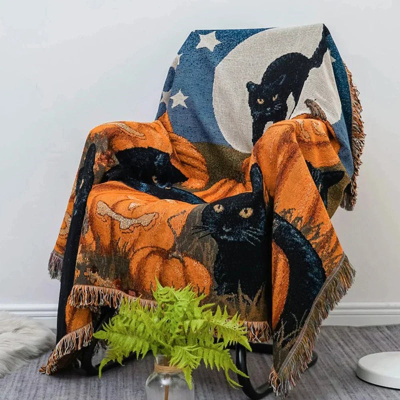 ™ Halloween Black Cat Knitted Blanket - Cozy Sofa Throw for Autumn/Winter